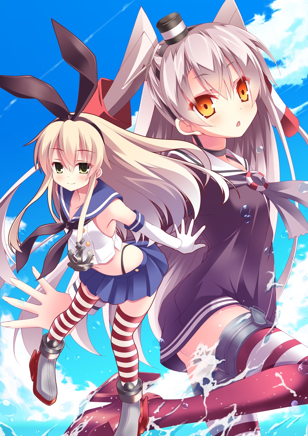a_flow, amatsukaze_(kancolle), kantai_collection, shimakaze_(kancolle), stockings, thighhighs, wet
