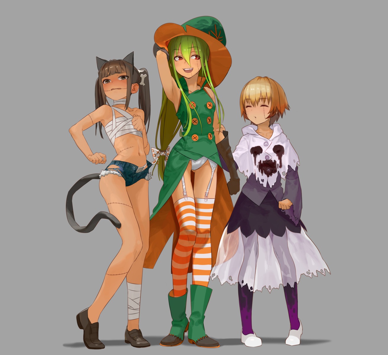 animal_ears, attall, bandages, dress, halloween, nekomimi, pantsu, pantyhose