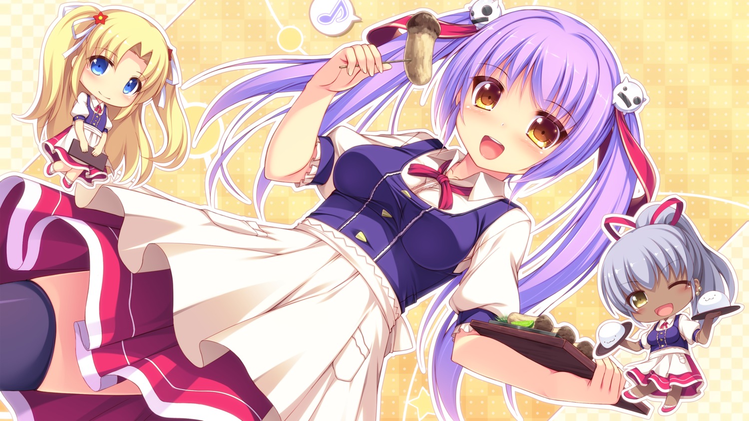 carlyle_mel, chibi, chloe_meltrum, kageira, monica_russell, ryuuyoku_no_melodia, thighhighs, waitress