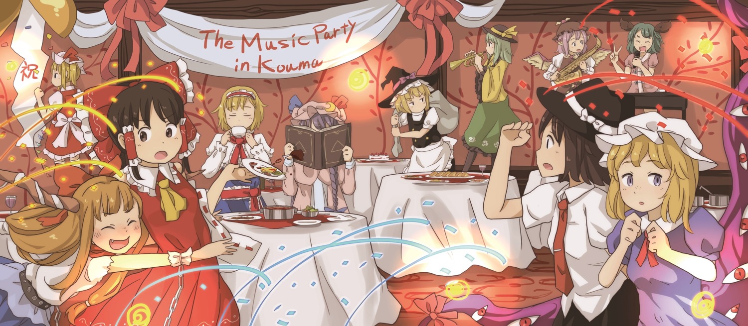 alice_margatroid, chi-kun_(seedyoulater), flandre_scarlet, hakurei_reimu, ibuki_suika, kasodani_kyouko, kirisame_marisa, komeiji_koishi, maribel_han, mystia_lorelei, patchouli_knowledge, touhou, usami_renko, wings