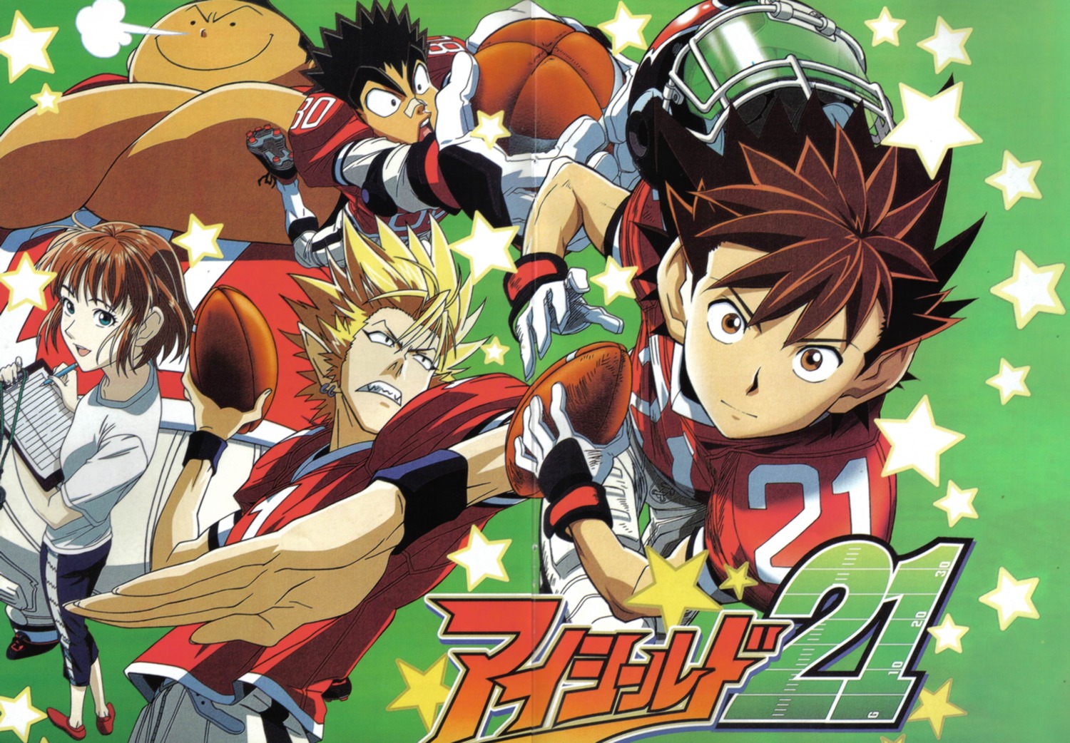 anezaki_mamori, eyeshield_21, hiruma_yoichi, kobayakawa_sena, kurita_ryokan, raimon_taro