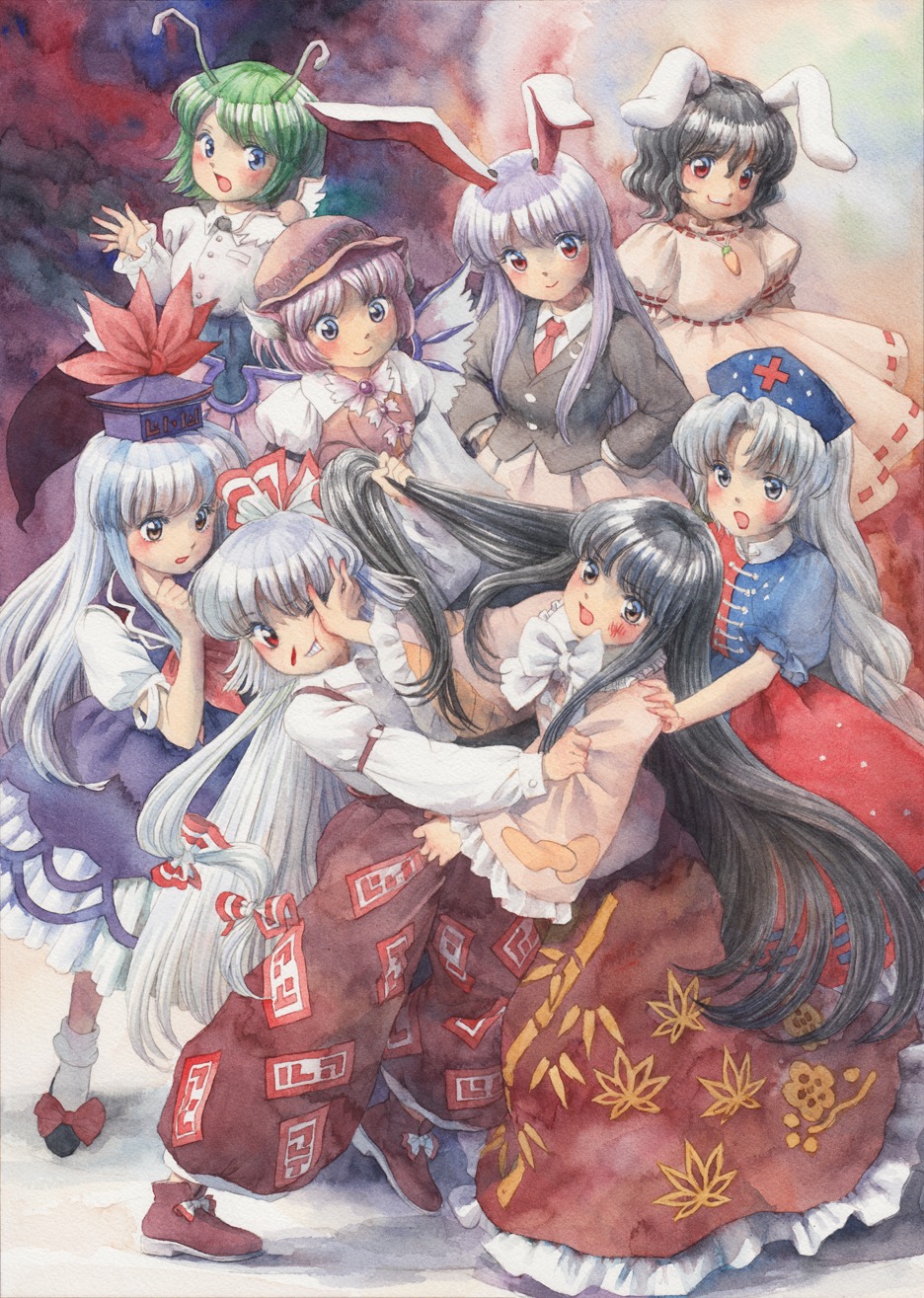 animal_ears, bunny_ears, dress, fujiwara_no_mokou, houraisan_kaguya, inaba_tewi, kamishirasawa_keine, misawa_hiroshi