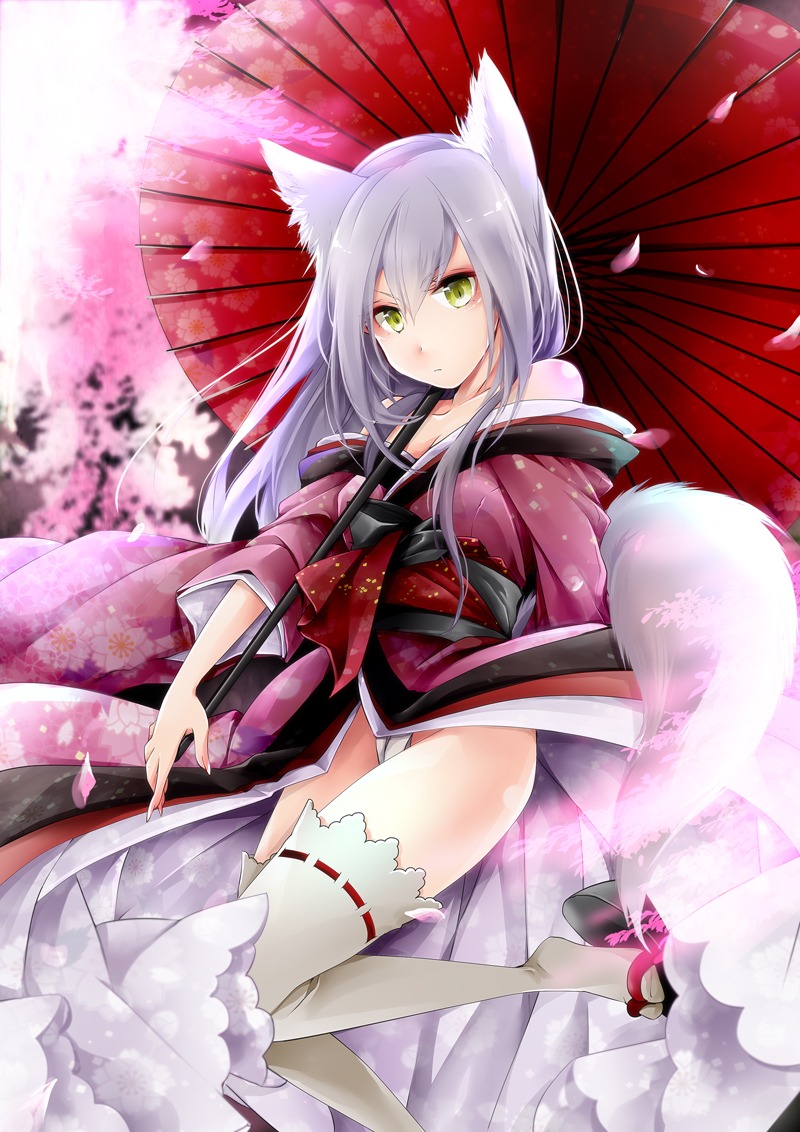 animal_ears, japanese_clothes, kitsune, okatsukisei, tail, thighhighs