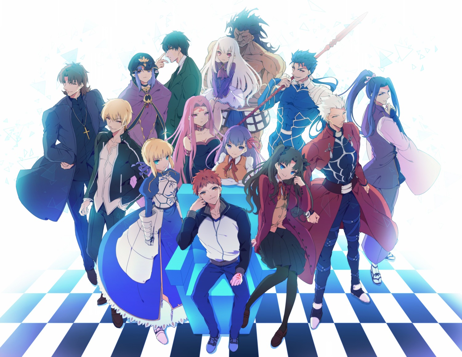 archer, armor, artoria_pendragon_(fate), cleavage, cu_chulainn_(fate), dress, emiya_shirou, fate/stay_night, gilgamesh_(fate), heracles_(fate), illyasviel_von_einzbern, kotomine_kirei, kuzuki_souichirou, matou_sakura, medea_(fate), medusa_(fate), pantyhose, pointy_ears, sasaki_kojirou_(fate), toosaka_rin, weapon, yukihime
