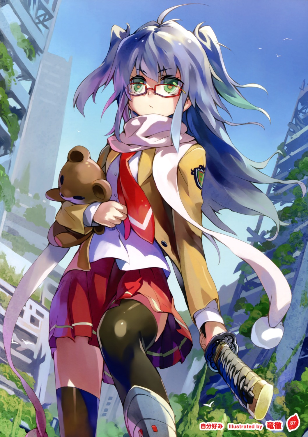 megane, ryuutetsu, seifuku, sword, thighhighs