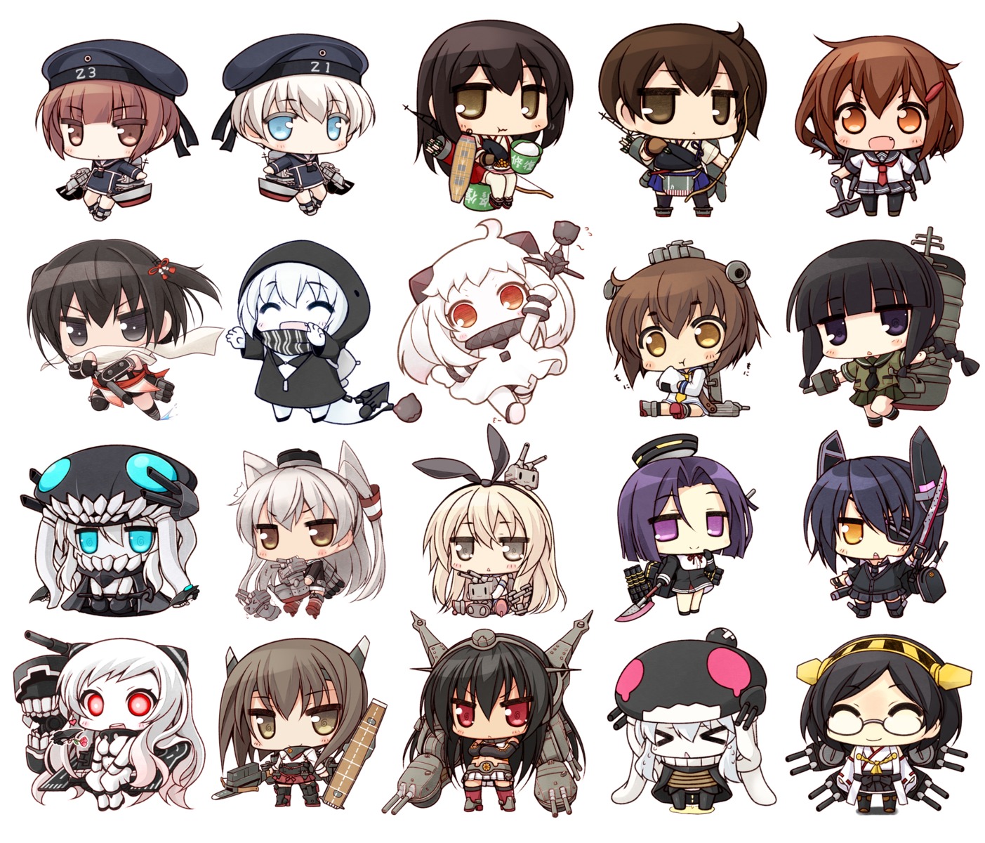 airfield_hime, akagi_(kancolle), amatsukaze_(kancolle), chibi, eyepatch, gun, heels, horns