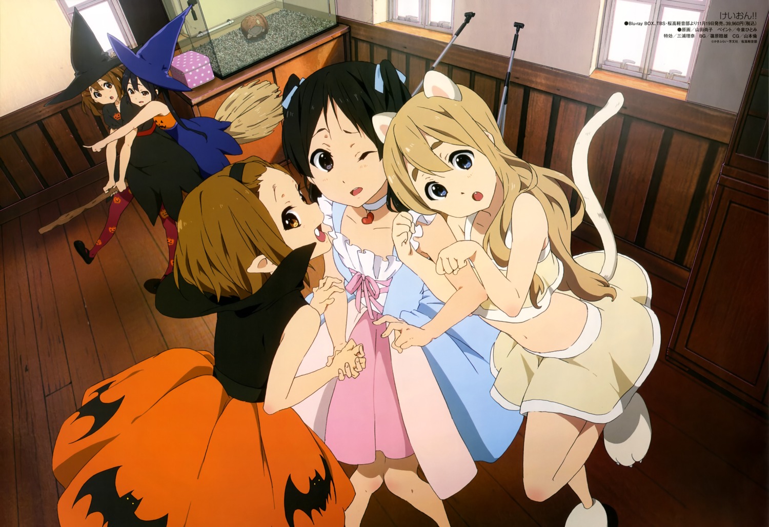 akiyama_mio, animal_ears, dress, halloween, hirasawa_yui, k-on!, kotobuki_tsumugi, nakano_azusa, nekomimi, tail, tainaka_ritsu, thighhighs, witch, yamada_naoko