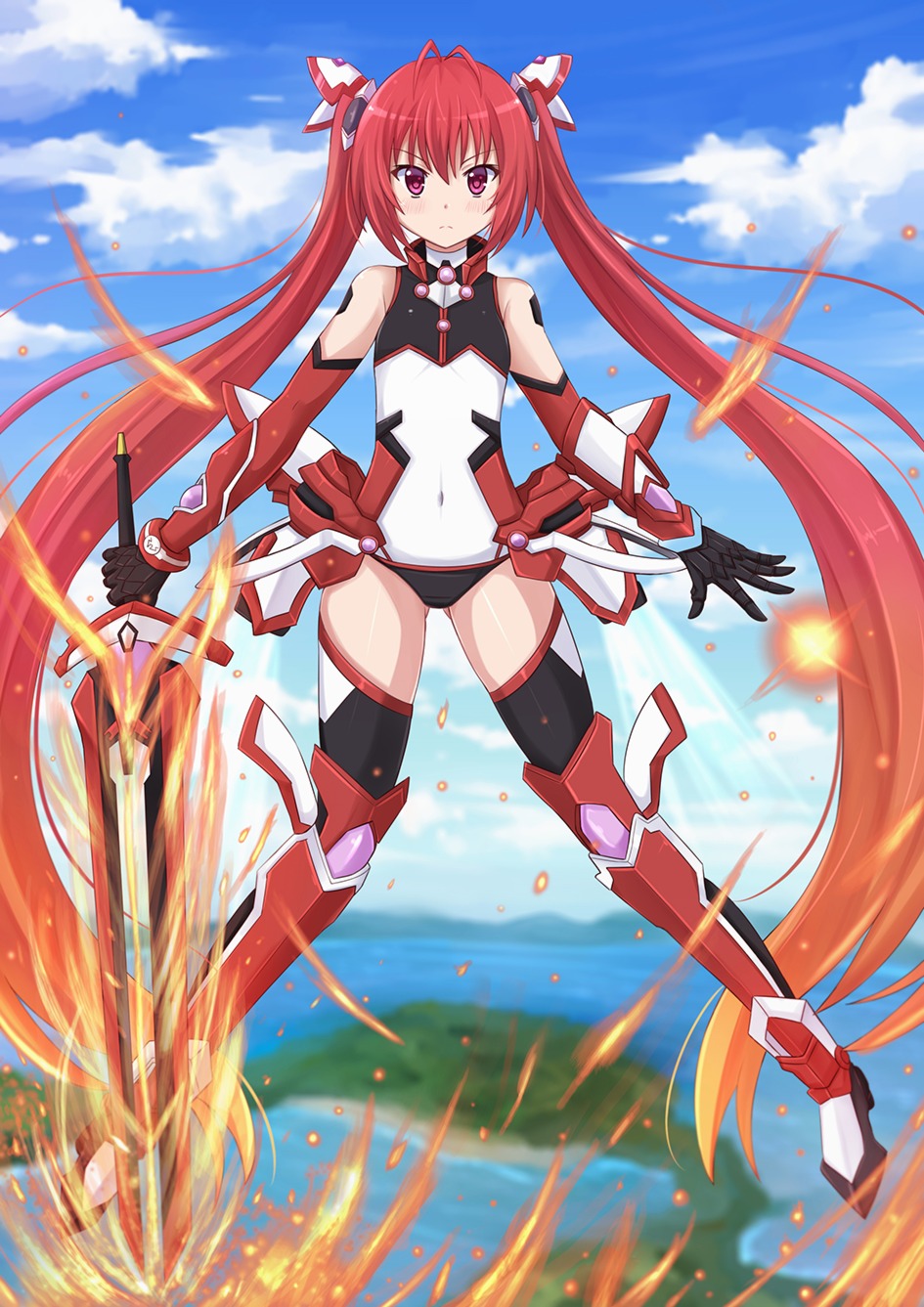 bodysuit, genderswap, kazenokaze, mitsuka_souji, ore_twintail_ni_narimasu, sword, tailred, thighhighs