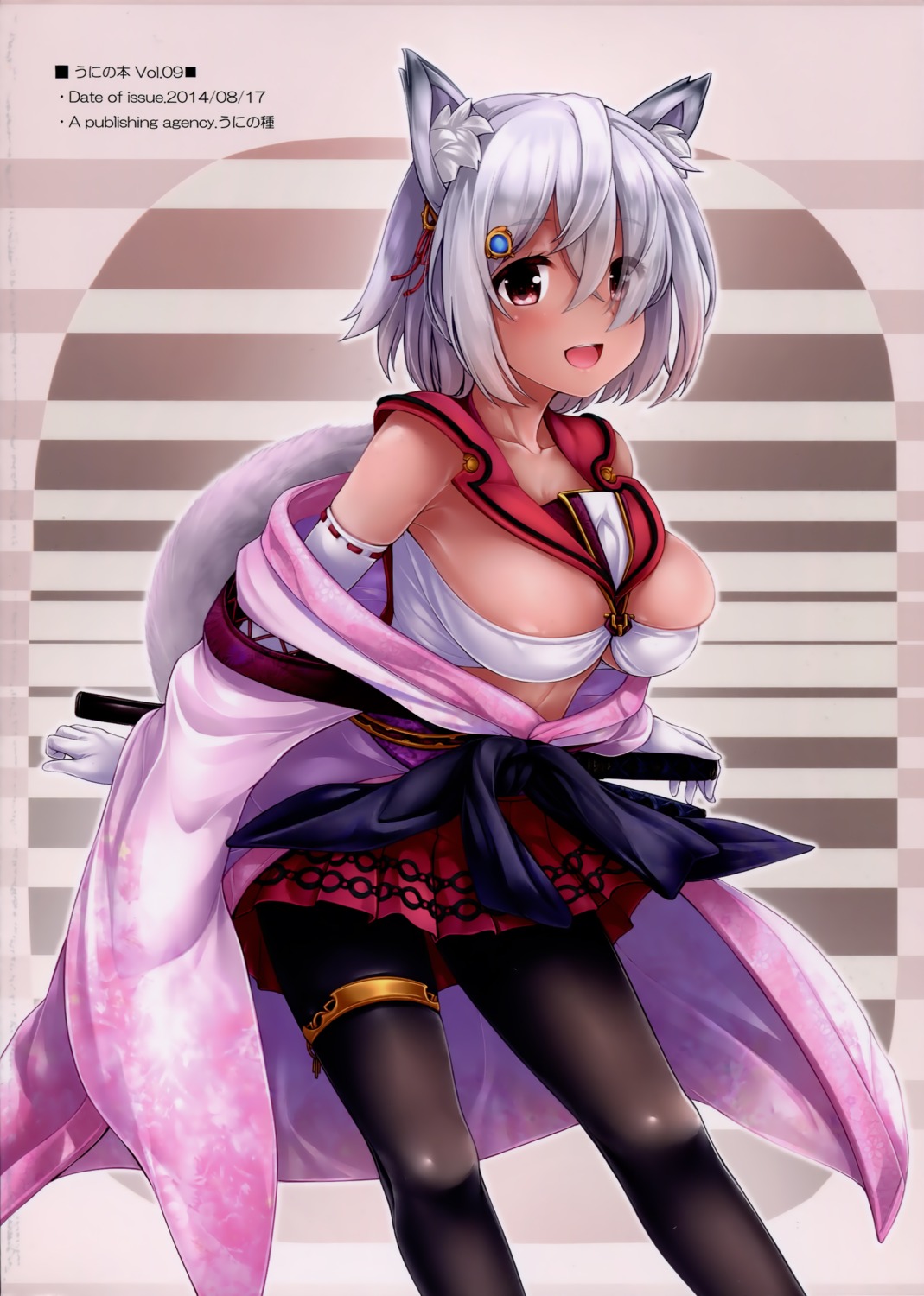 animal_ears, cleavage, kitsune, nekomimi, pantyhose, sword, tail, uni8
