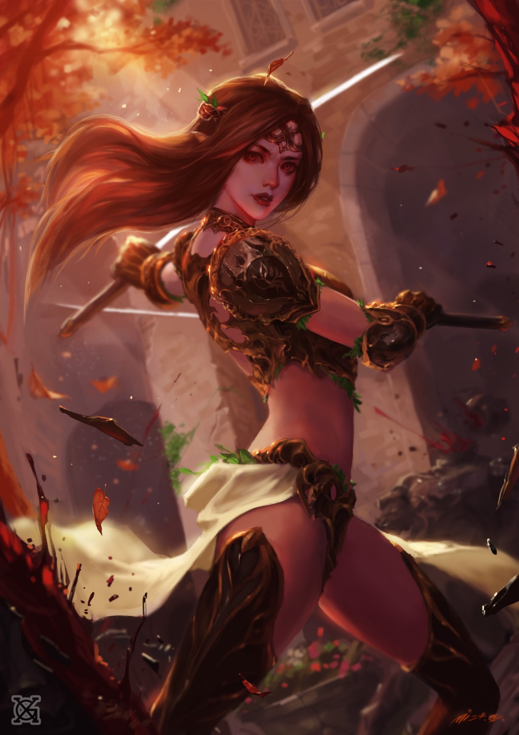 armor, blood, pointy_ears, sword, thighhighs, xiaoguimist