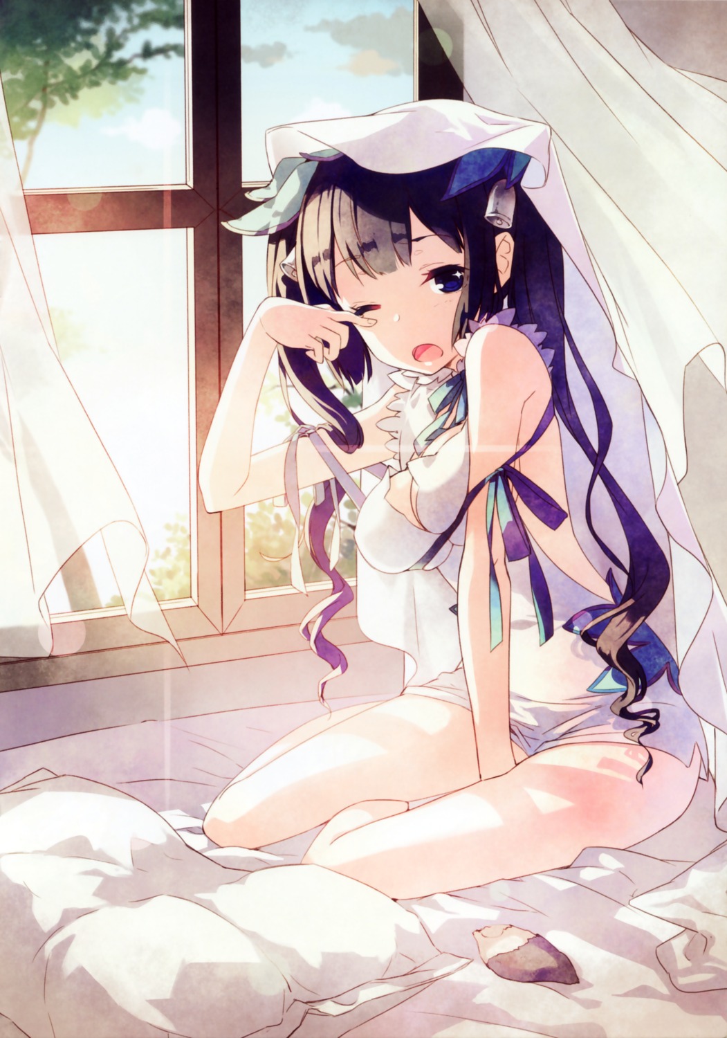 cleavage, dress, dungeon_ni_deai_wo_motomeru_no_wa_machigatteiru_darou_ka, h2so4, hestia_(danmachi), island_of_horizon, no_bra, sheets