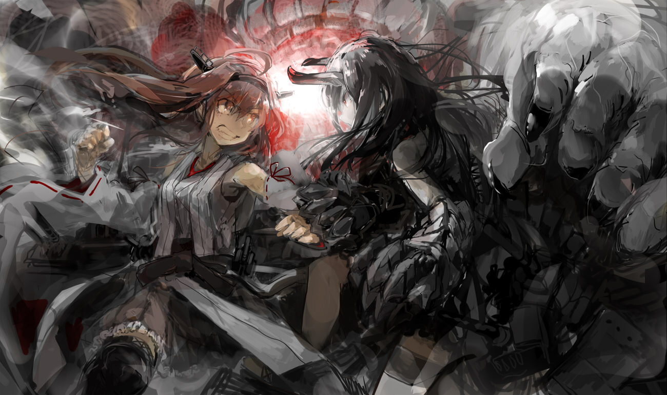 battleship-symbiotic_hime, cus-tom, dress, horns, kantai_collection, kongou_(kancolle), thighhighs