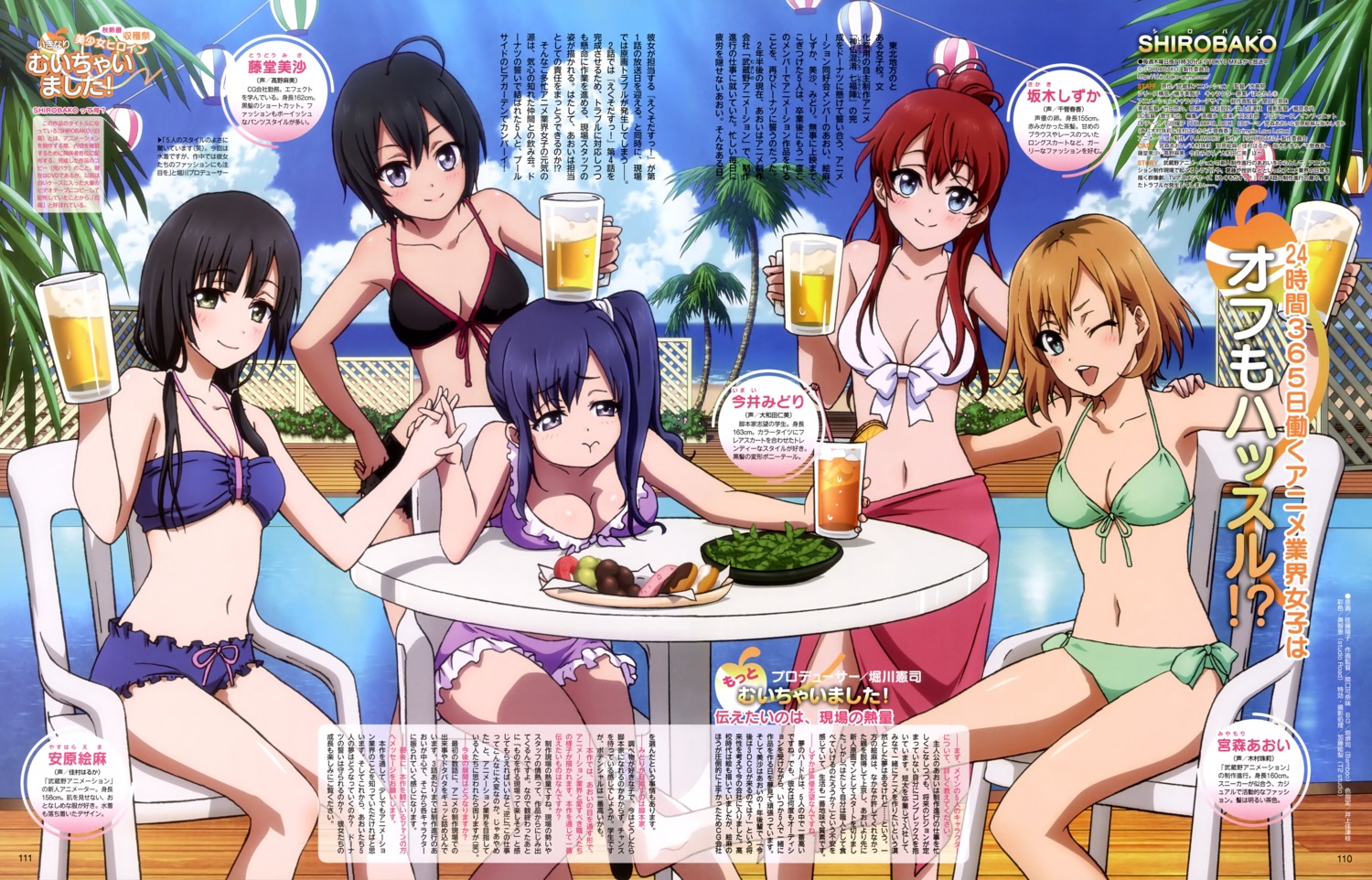 bikini, cleavage, imai_midori, miyamori_aoi, sakaki_shizuka, satou_youko, shirobako, swimsuits