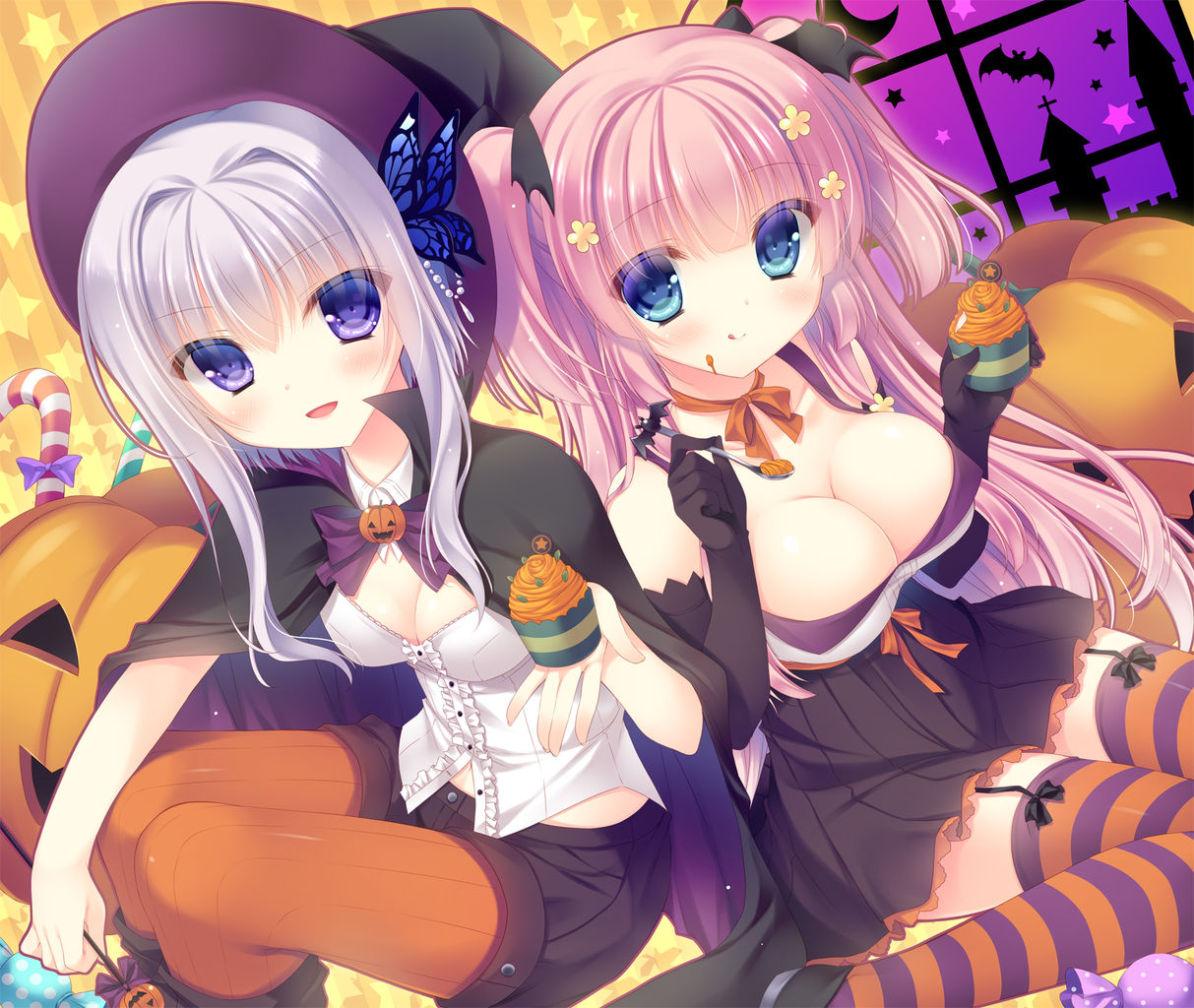 cabbit, cleavage, cream, dress, hakoniwa_logic, halloween, iriya_koko, maezono_kirika, pantyhose, stockings, thighhighs, witch, yukie