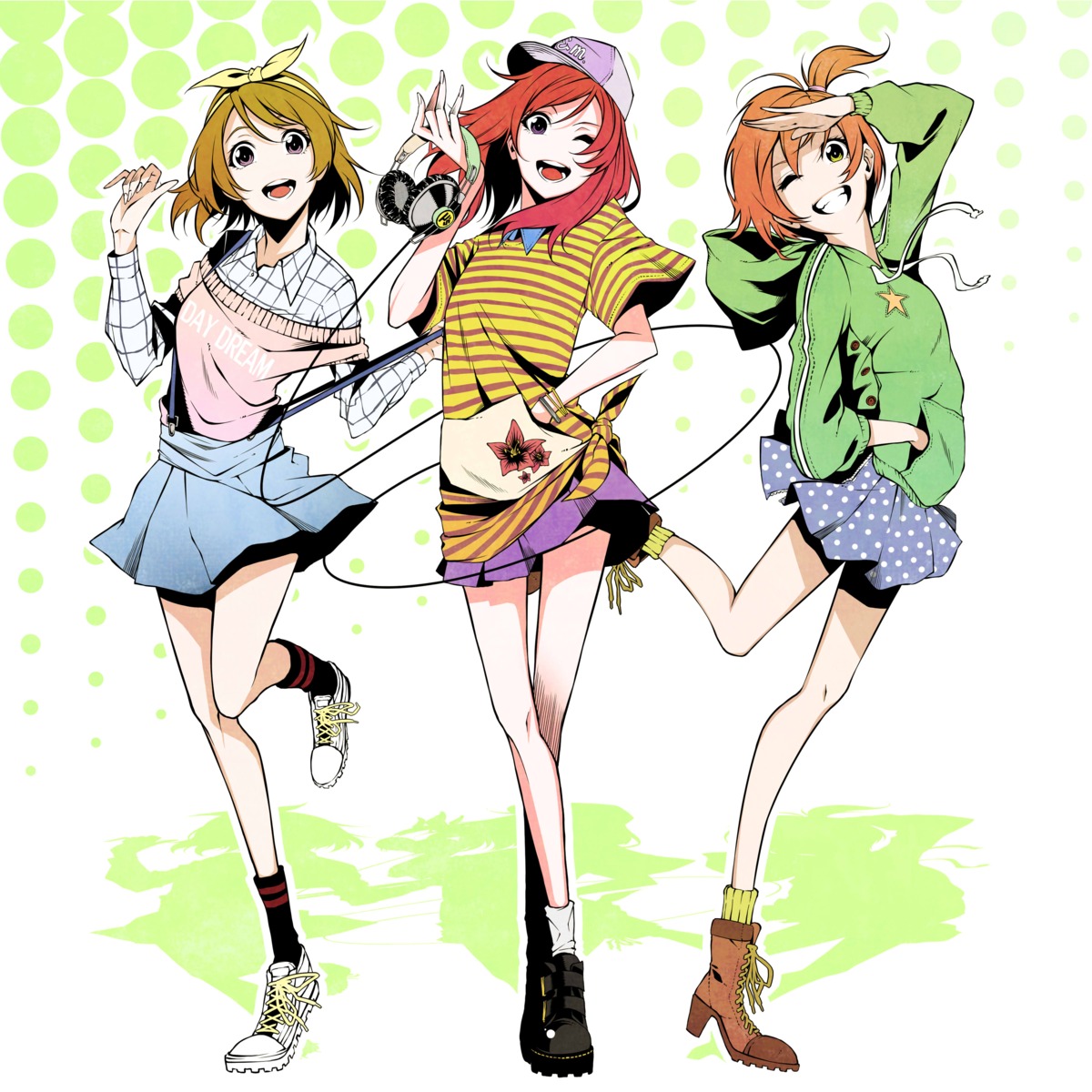 headphones, hoshizora_rin, koizumi_hanayo, love_live!, love_live!_(series), nishikino_maki, tattoo, vice_(kuronekohadokoheiku)