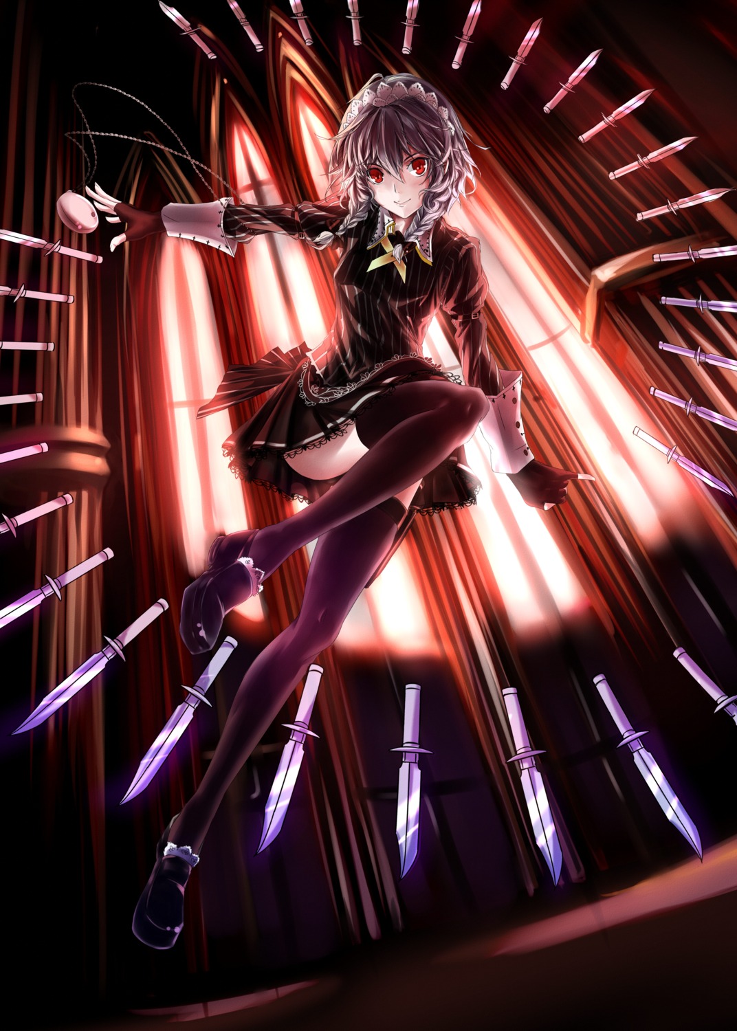 izayoi_sakuya, tagme_artist_translation, thighhighs, touhou, weapon, 右转脑补〇〇〇
