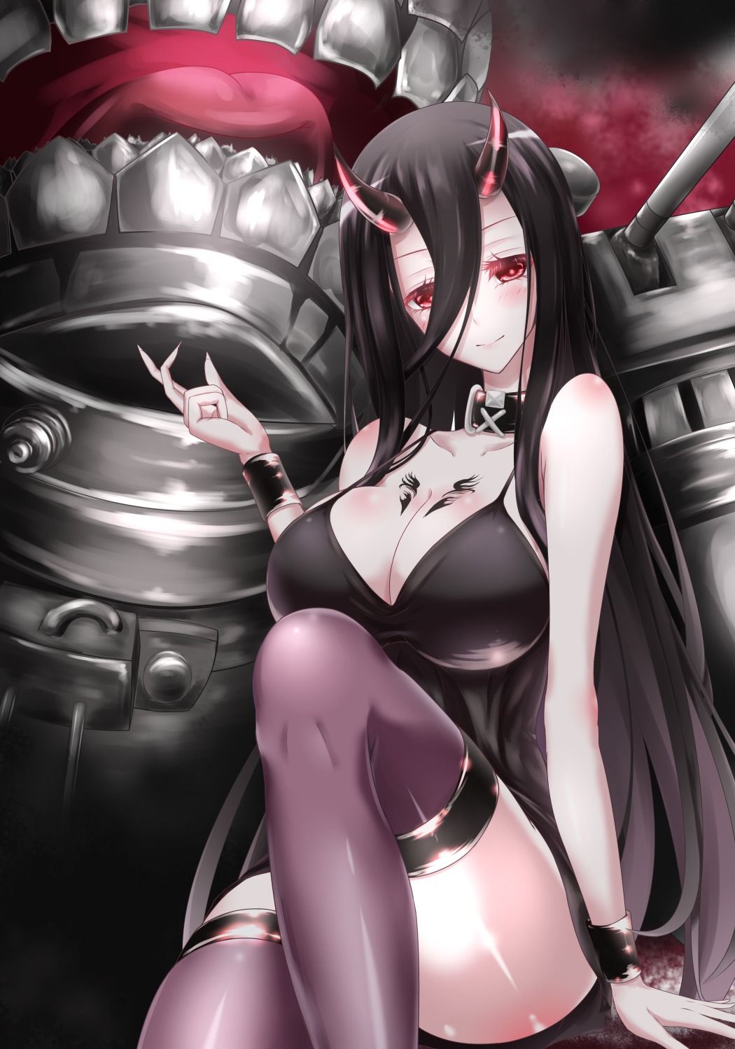 battleship-symbiotic_hime, cleavage, dress, horns, kantai_collection, shiroshimu, stockings, tattoo, thighhighs
