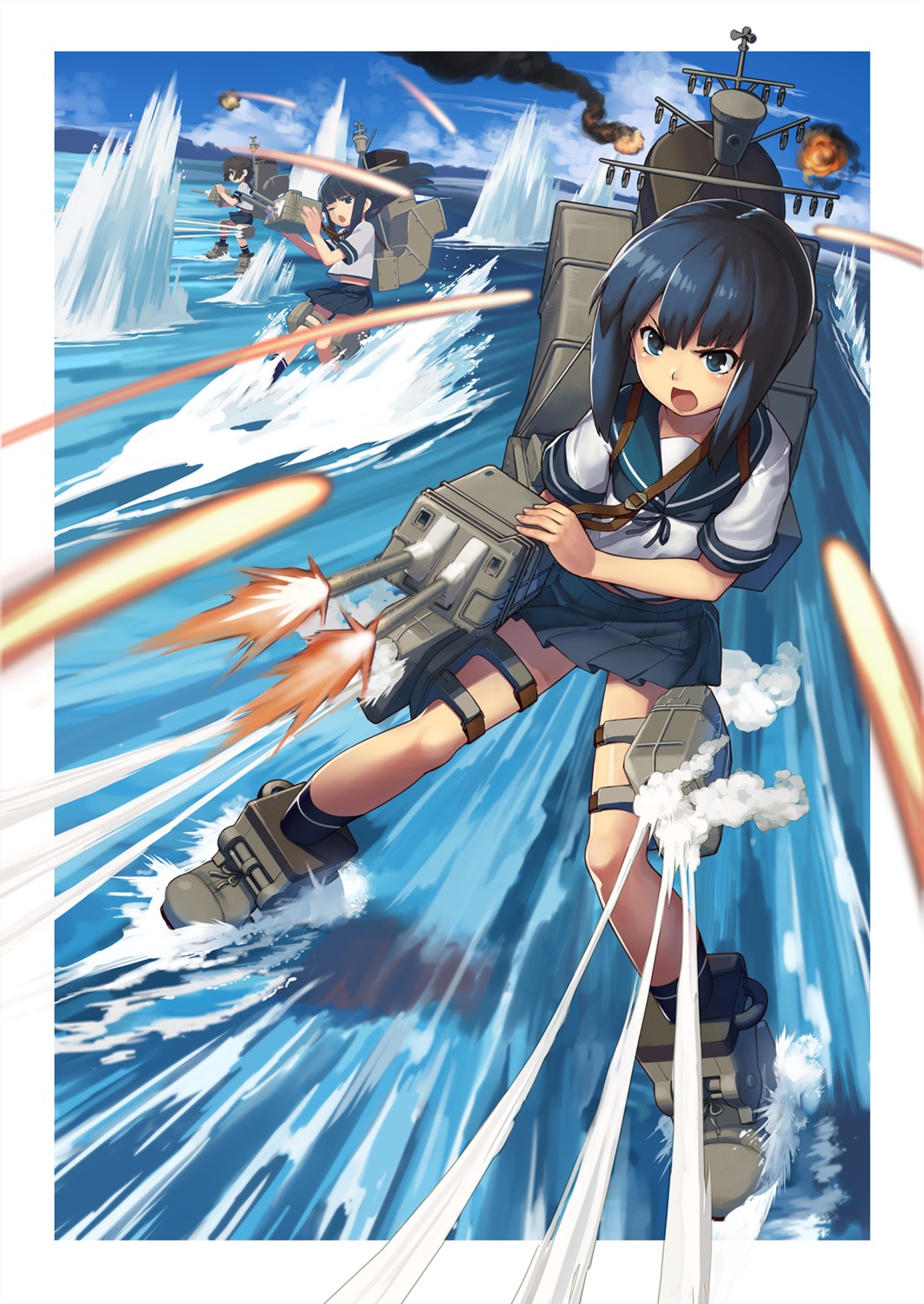 fubuki_(kancolle), hatsuyuki_(kancolle), kantai_collection, miyuki_(kancolle), sumith, weapon, wet