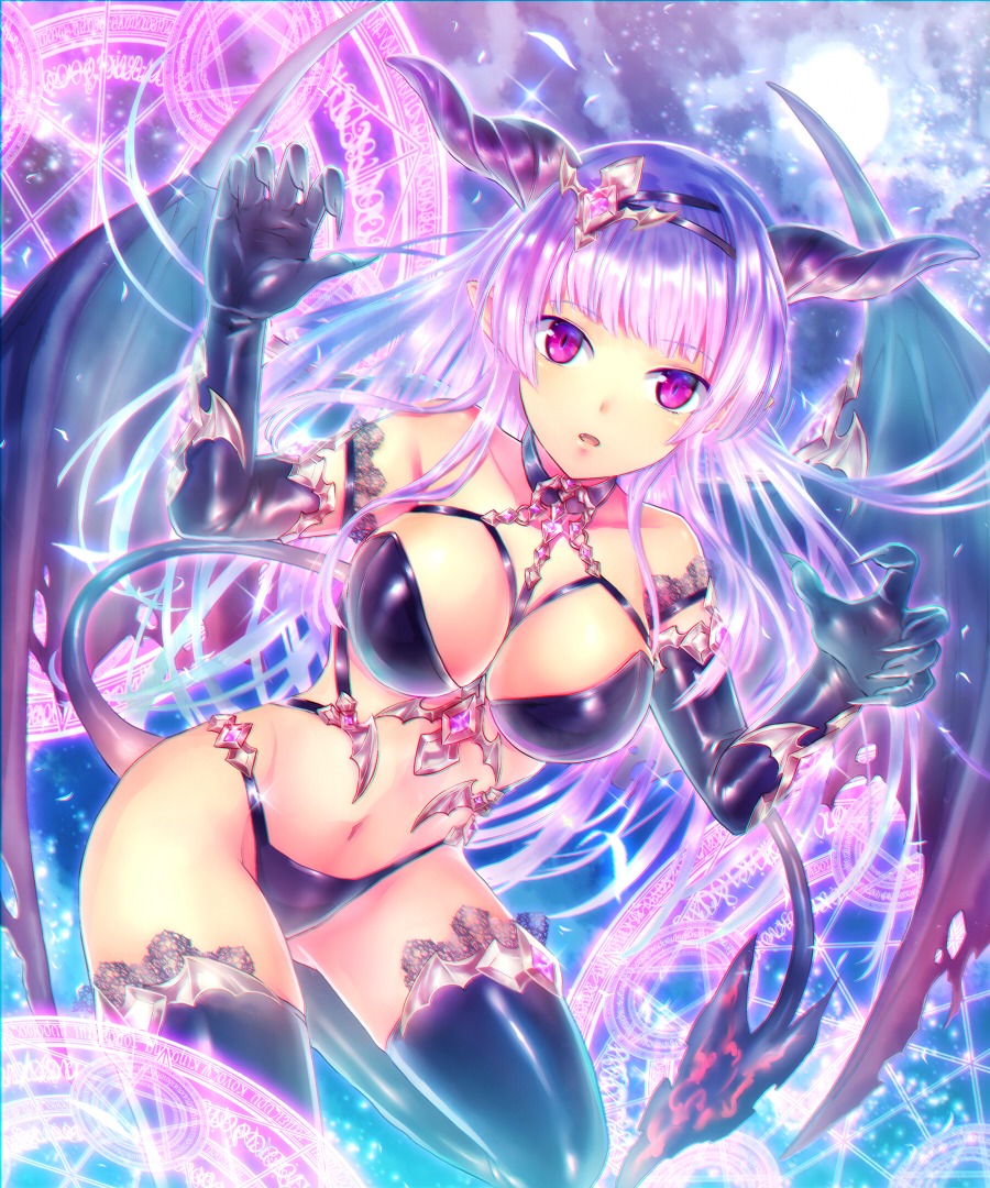 cleavage, horns, neme, pointy_ears, tail, thighhighs, wings