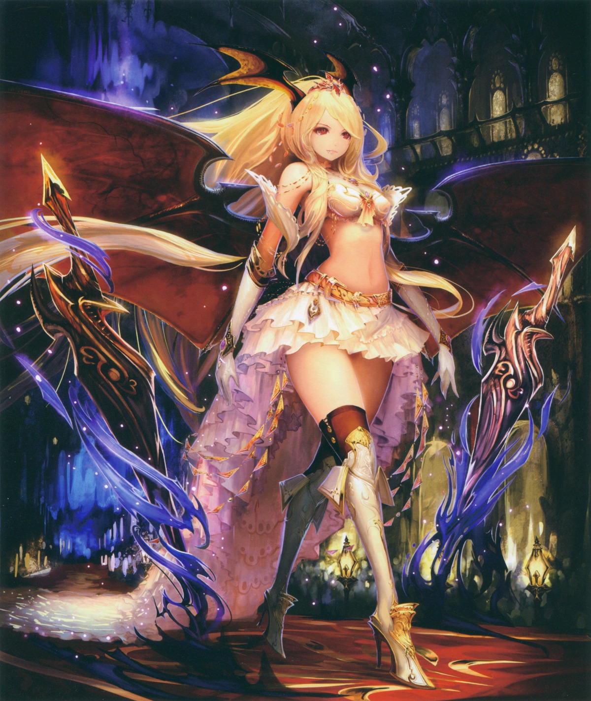 armor, bikini_armor, devil, heels, queen_vampire_(shingeki_no_bahamut), raw_scan, shingeki_no_bahamut, sword, tachikawa_mushimaro, thighhighs, wings