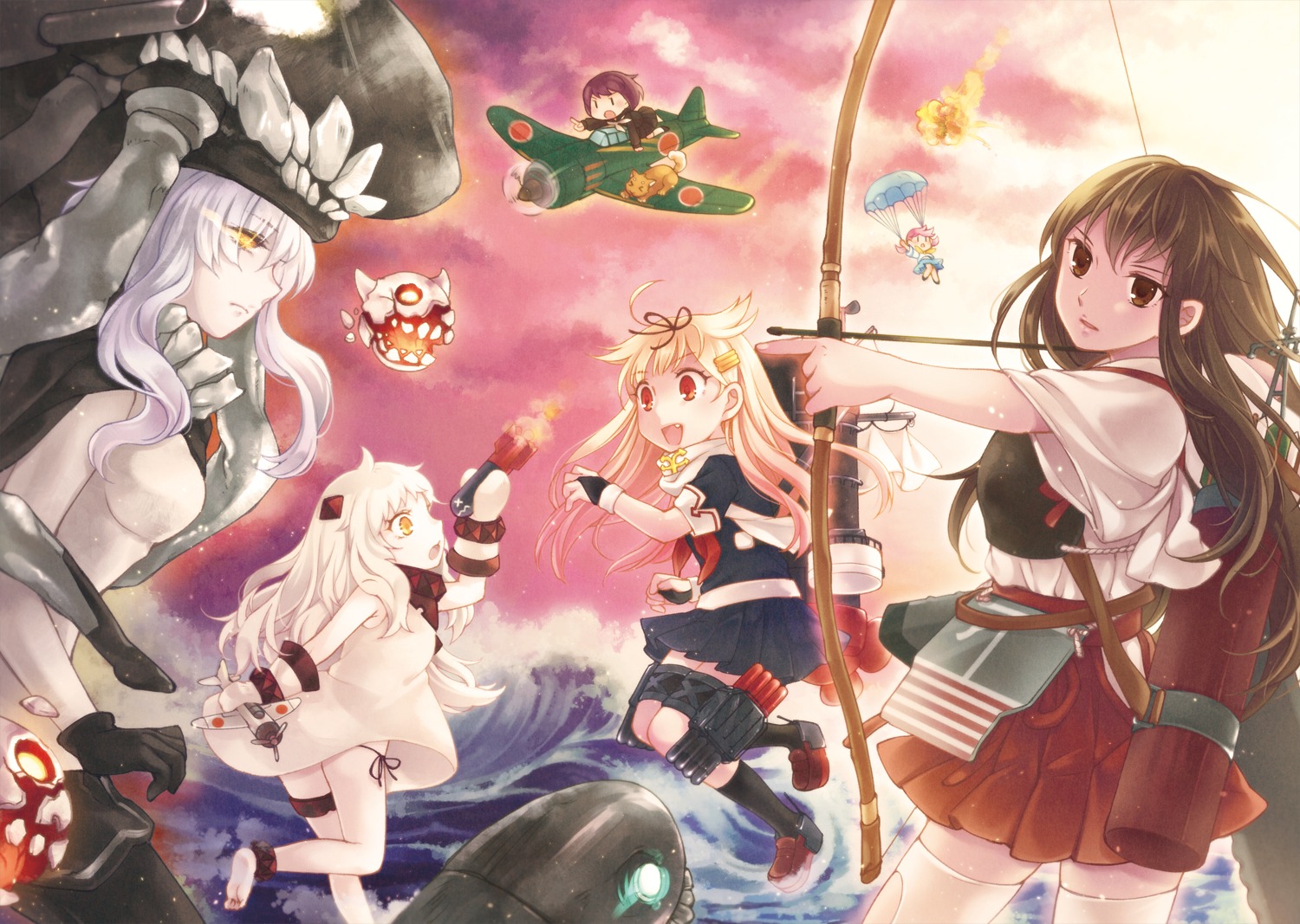 akagi_(kancolle), fairy_(kancolle), fuuka_(fukasheu), i-class_destroyer, kantai_collection, northern_ocean_hime, pantsu, reppuu, string_panties, thighhighs, weapon, wo-class_aircraft_carrier, yuudachi_(kancolle)