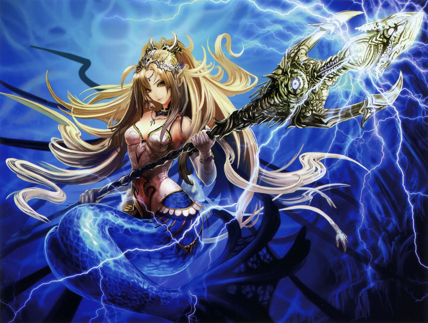 cleavage, mermaid, monster_collection, monster_girl, tachikawa_mushimaro, tail, weapon