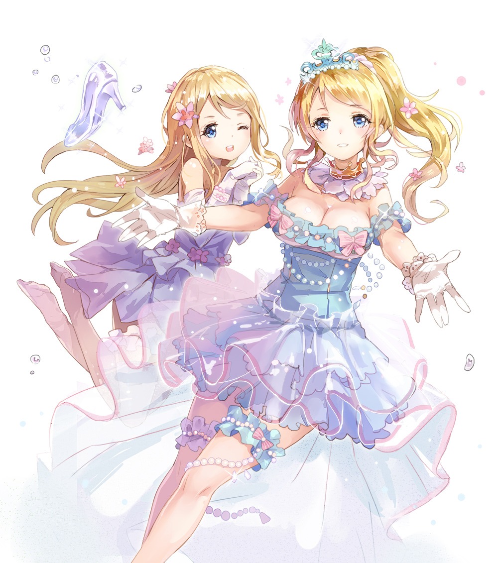 77gl, ayase_arisa, ayase_eli, cleavage, dress, garter, heels, love_live!