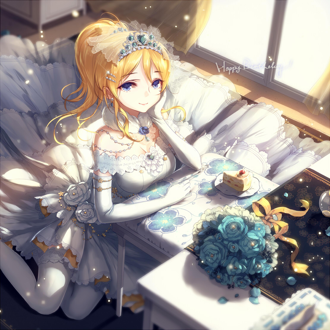 ayase_eli, dress, kieta, love_live!, love_live!_(series), thighhighs, wedding_dress