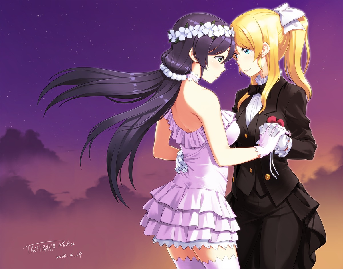 ayase_eli, dress, love_live!, love_live!_(series), tachibana_roku, thighhighs, toujou_nozomi