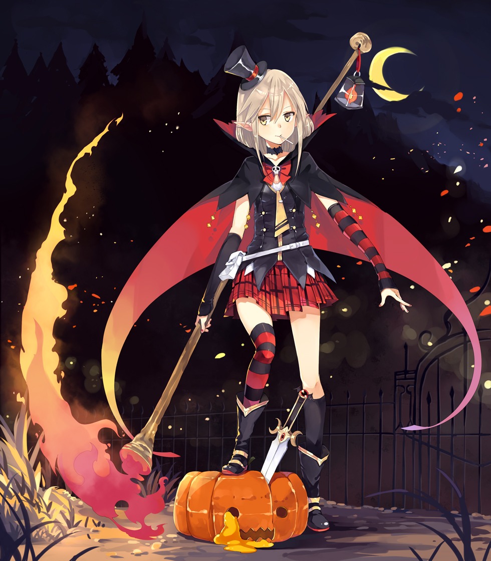 halloween, hao_(patinnko), pointy_ears, thighhighs, weapon