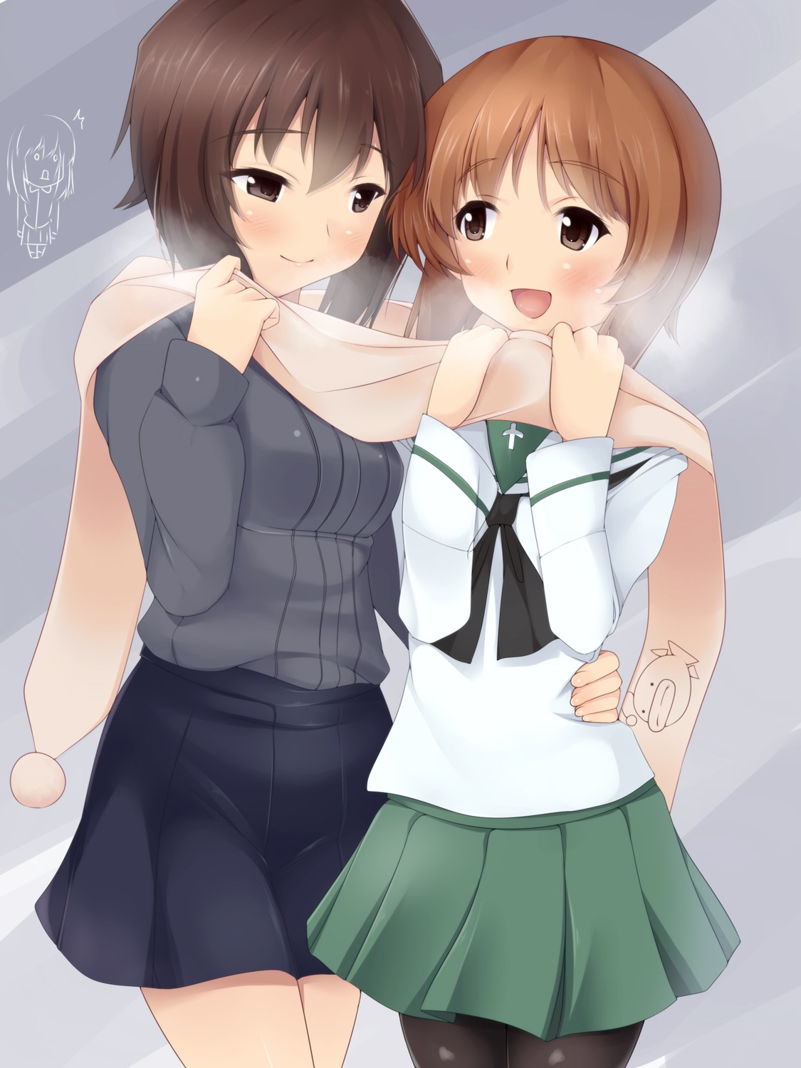 girls_und_panzer, nishizumi_maho, nishizumi_miho, nksk, pantyhose, seifuku, yuri