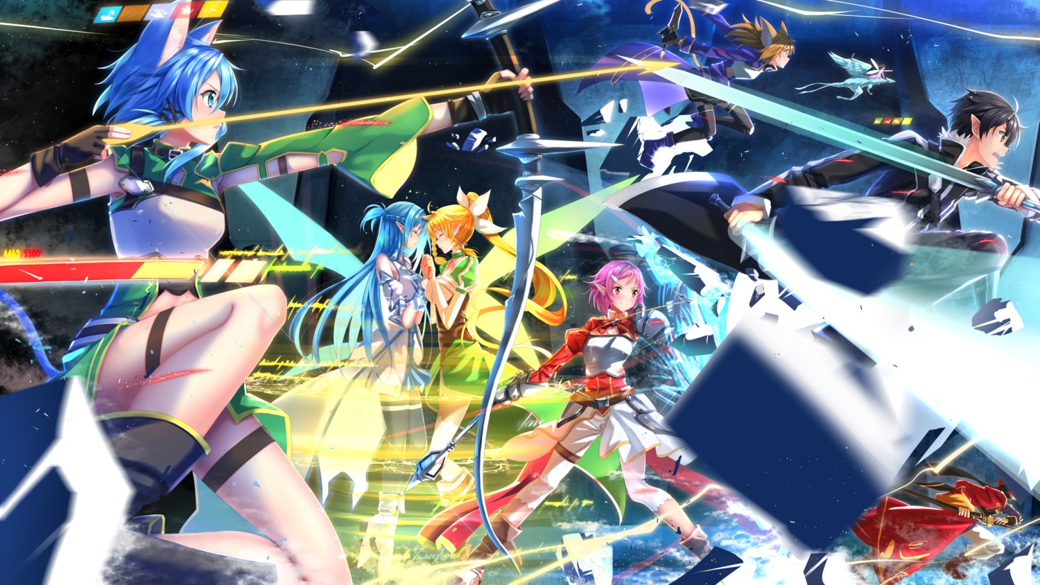 alfheim_online, animal_ears, asuna_(sword_art_online), dress, heels, kirito, klein_(sword_art_online), leafa