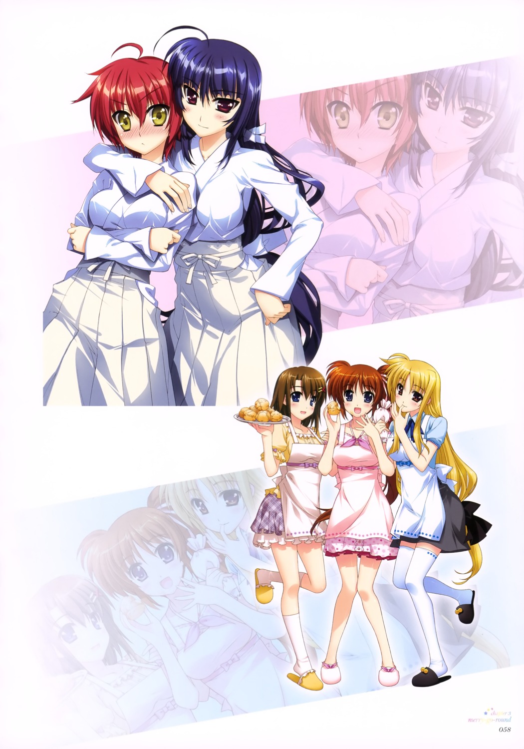 fate_testarossa, fujima_takuya, japanese_clothes, mahou_shoujo_lyrical_nanoha, mahou_shoujo_lyrical_nanoha_vivid, micaiah_chevelle, nove, takamachi_nanoha, thighhighs, yagami_hayate