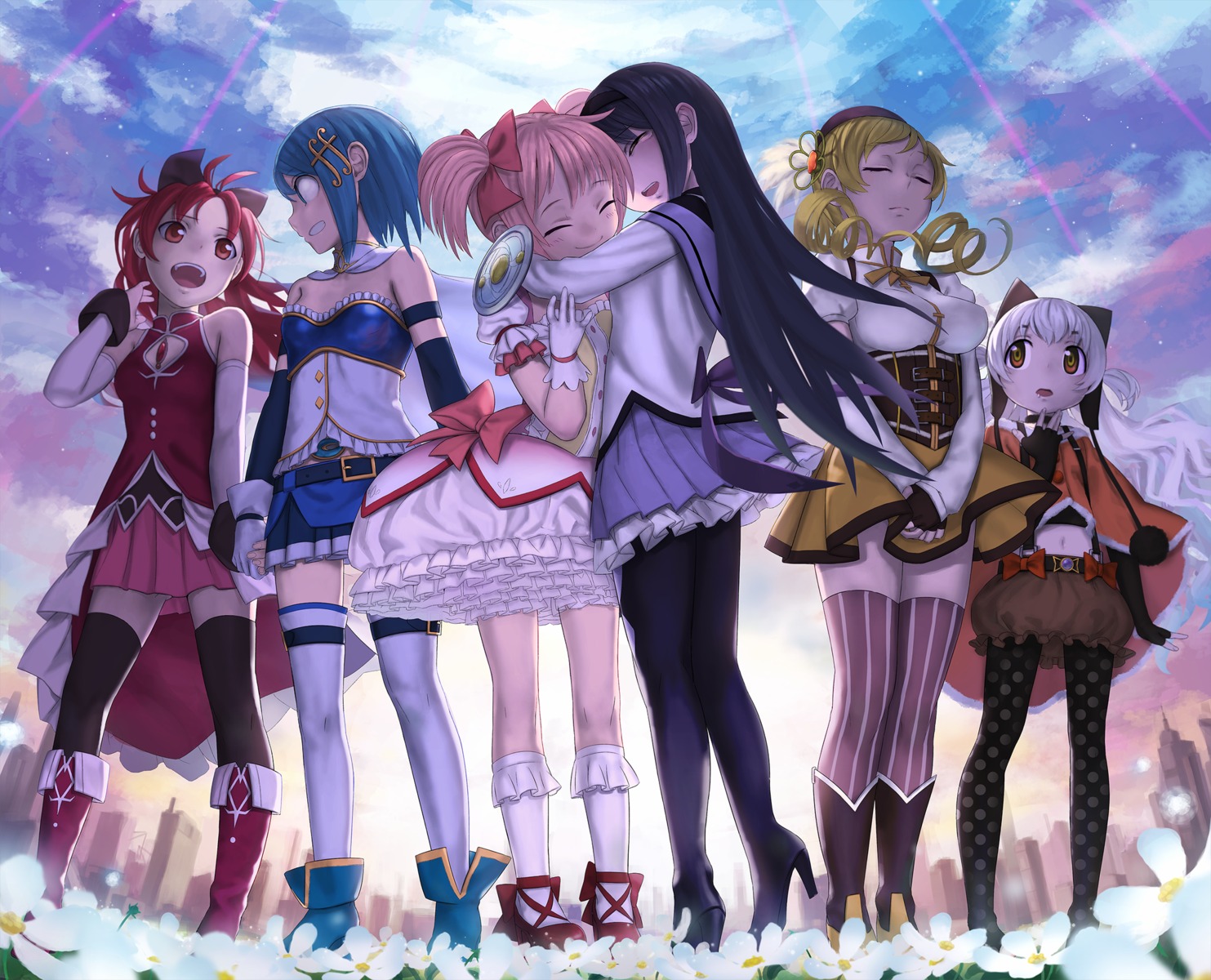 akemi_homura, dress, heels, kaname_madoka, mahou_shoujo_madoka_magica, miki_sayaka, momoe_nagisa, pantyhose, ryuuama, sakura_kyouko, thighhighs, tomoe_mami