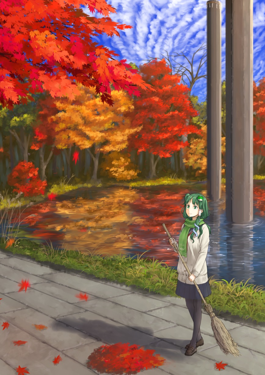 kitano_(kitanosnowwhite), kochiya_sanae, landscape, pantyhose, seifuku, touhou