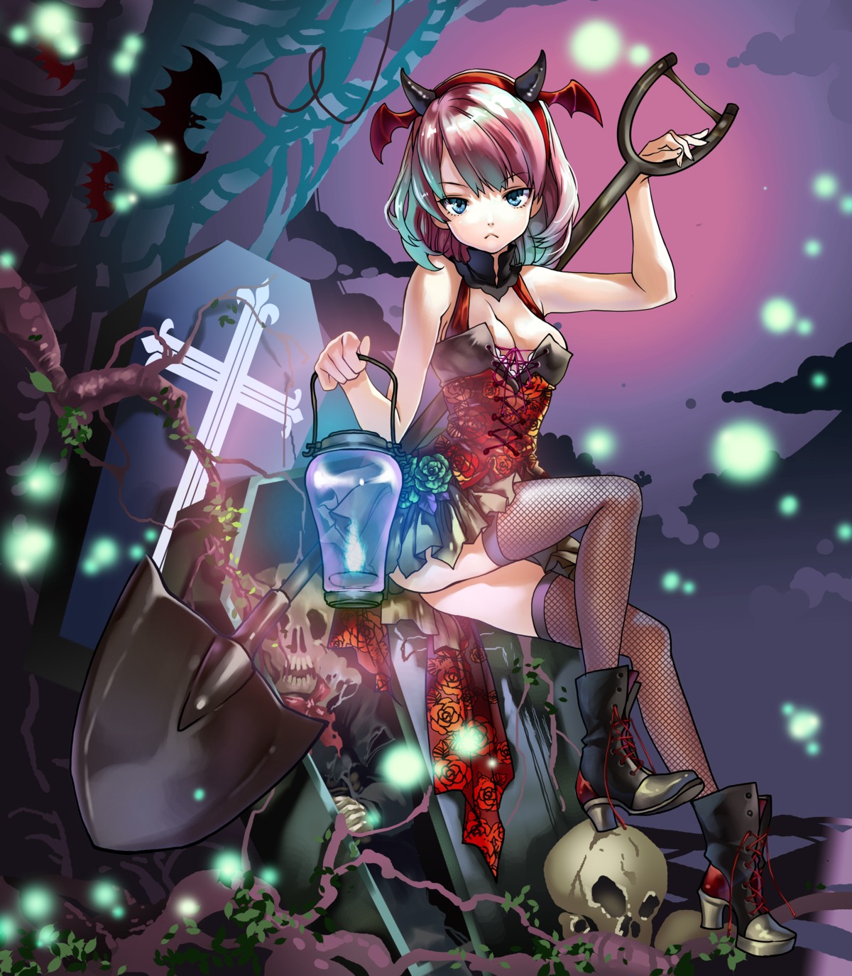 ass, chushengdao, devil, fishnets, heels, horns, no_bra, thighhighs