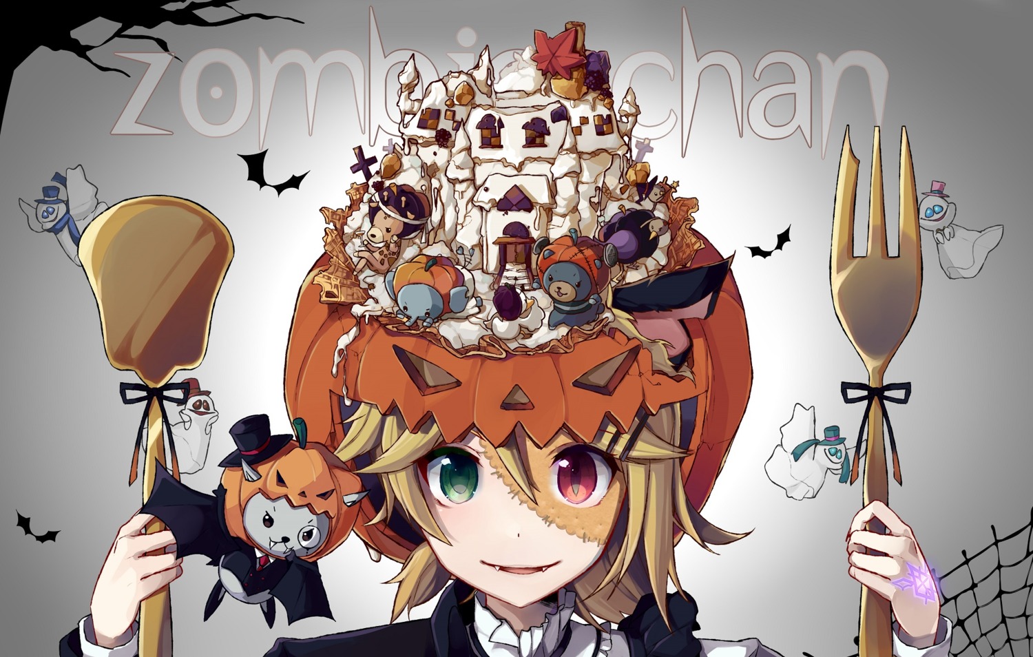 halloween, heterochromia, kagamine_rin, nou, tattoo, vocaloid