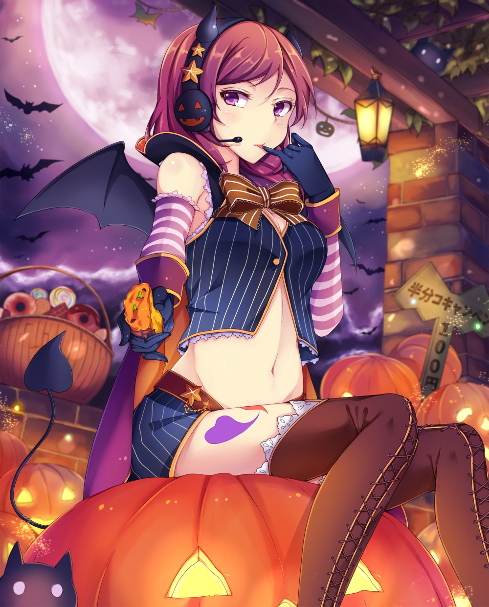 devil, halloween, headphones, kalian, love_live!, love_live!_(series), nishikino_maki, tail, thighhighs, wings