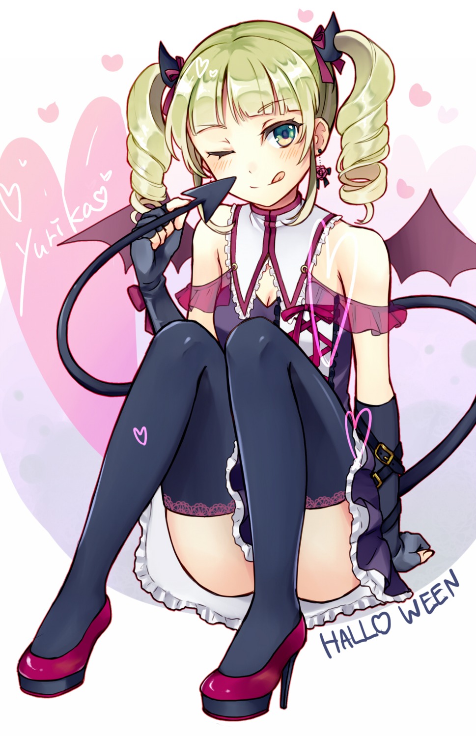 aikatsu!, devil, dress, halloween, heels, see_through, tail, thighhighs, toudou_yurika, wadaka, wings
