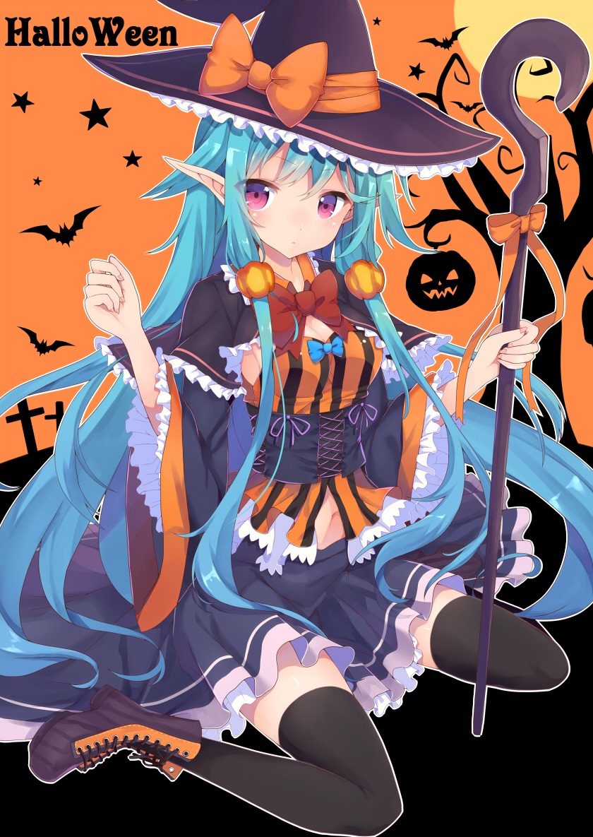 abusoru, cleavage, halloween, pointy_ears, thighhighs, witch