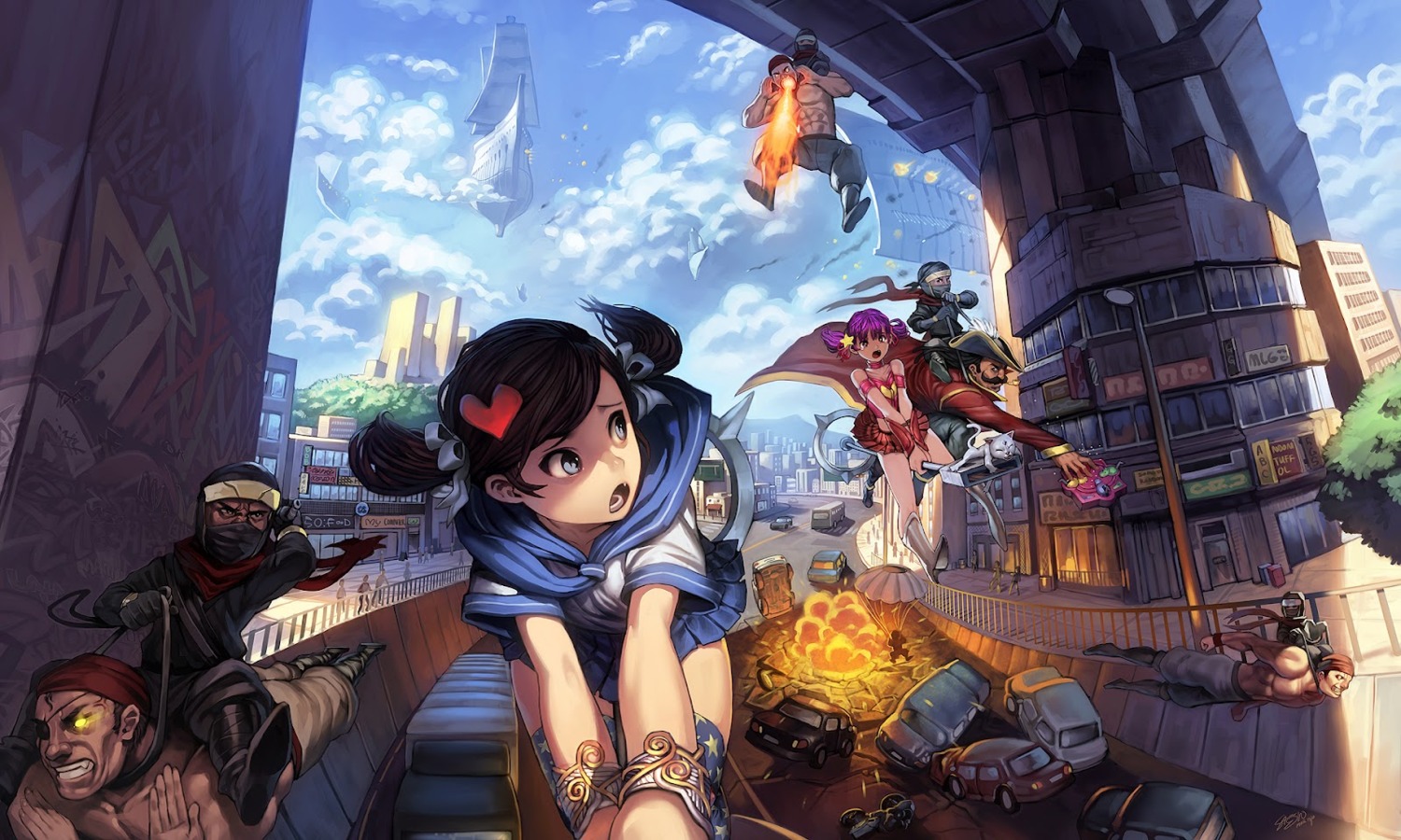 eyepatch, landscape, neko, ninja, pirate, saejin_oh, seifuku, thighhighs