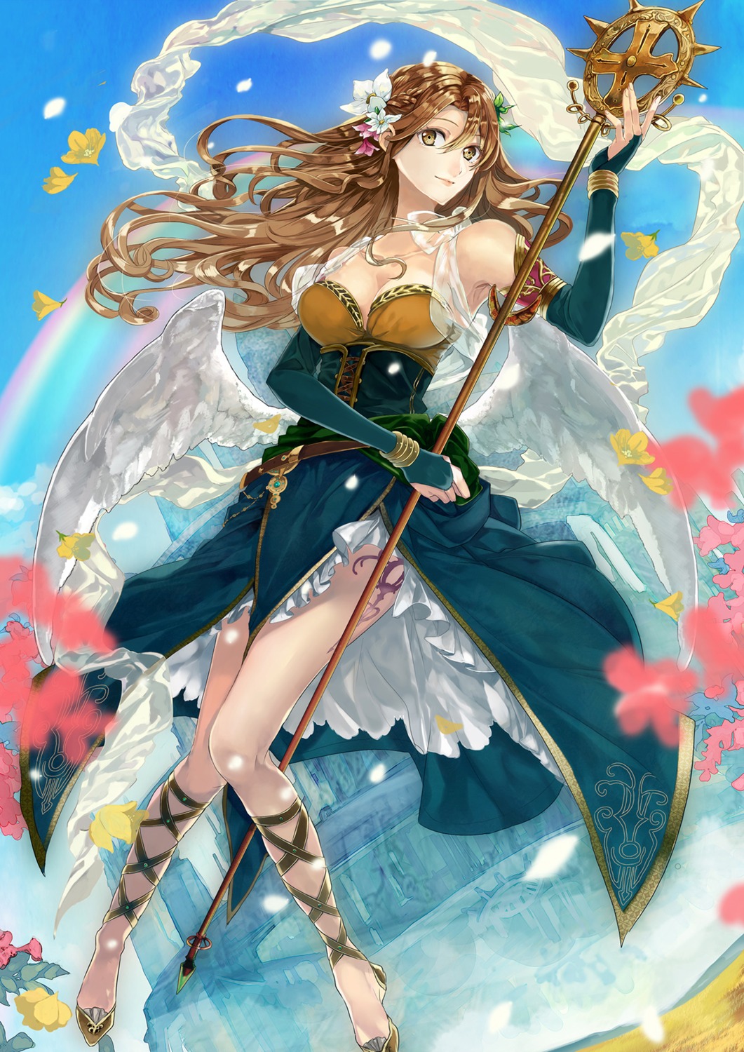 cleavage, dress, tattoo, toryufu, weapon, wings