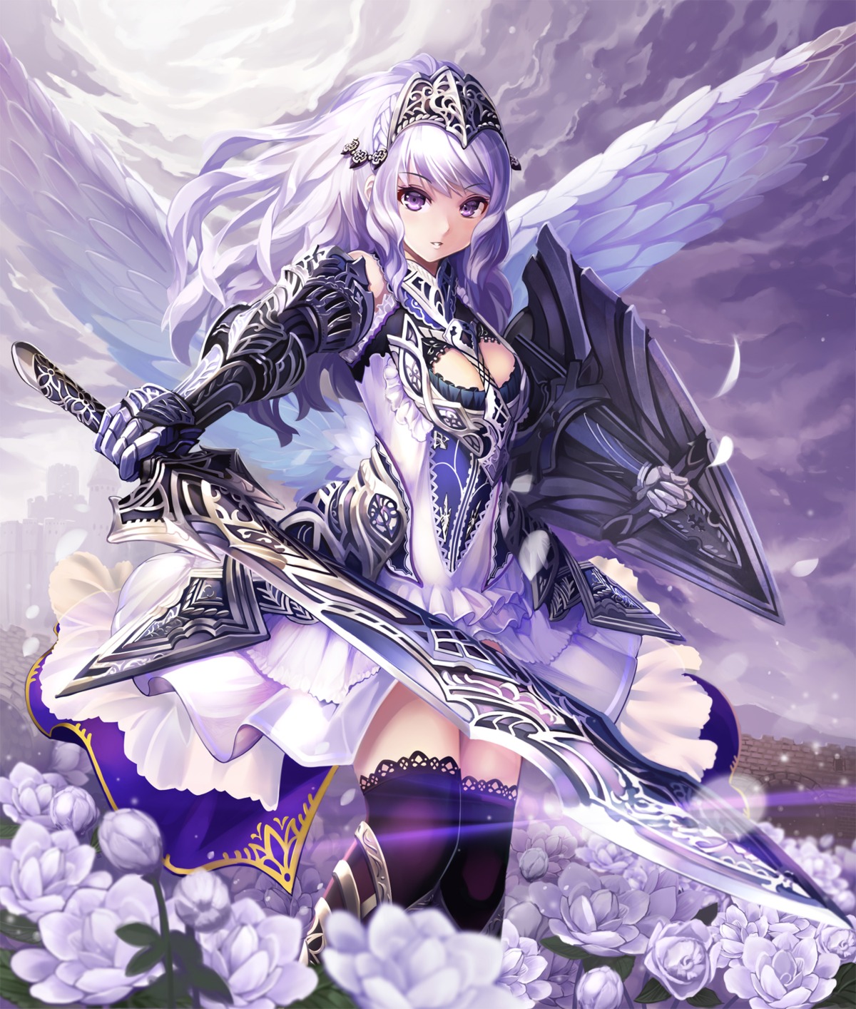 armor, cleavage, dress, pondel, sword, thighhighs