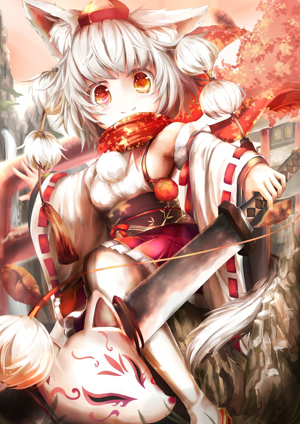 animal_ears, inubashiri_momiji, miko, pantyhose, sword, tail, touhou, umagenzin