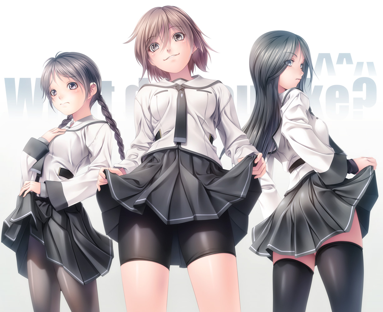bike_shorts, pantyhose, rezi, seifuku, skirt_lift, thighhighs