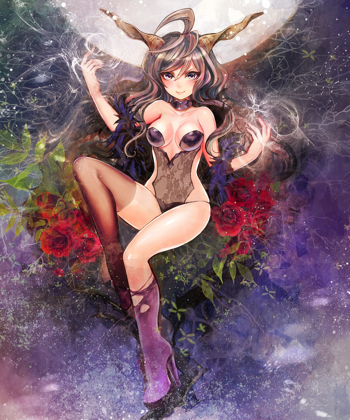 cleavage, duca, heels, horns, see_through, shingoku_no_valhalla_gate, thighhighs, torn_clothes