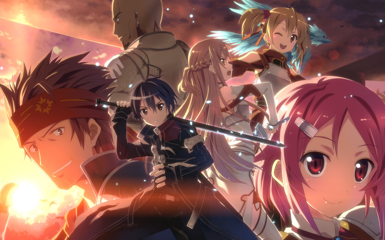 agil, armor, asuna_(sword_art_online), dress, kirito, klein_(sword_art_online), lisbeth, pina