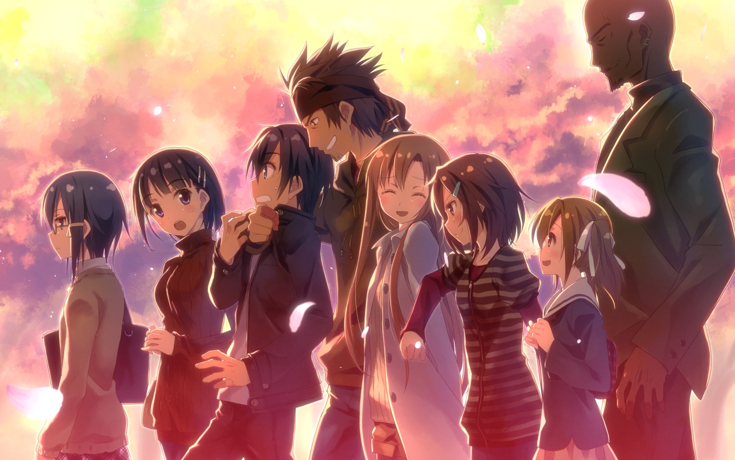 agil, asada_shino, asuna_(sword_art_online), kirigaya_suguha, kirito, klein_(sword_art_online), megane, seifuku
