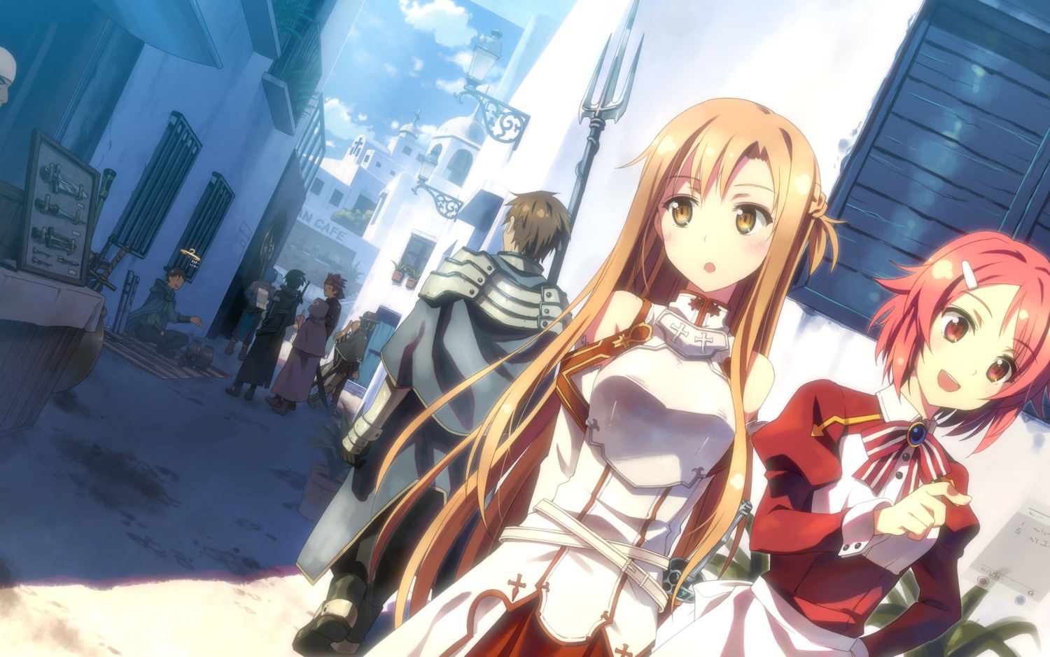 armor, asuna_(sword_art_online), dress, kirito, klein_(sword_art_online), landscape, lisbeth, sword, sword_art_online, weapon, yuuki_tatsuya