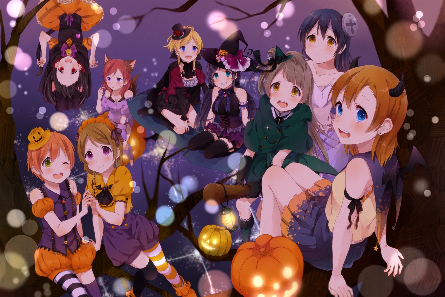 animal_ears, ayase_eli, bloomers, dress, halloween, horns, hoshizora_rin, koizumi_hanayo